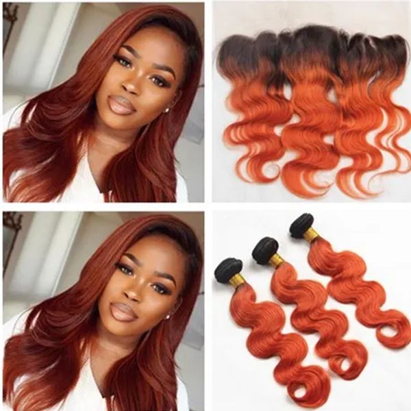 Schleifen #1B/350 Zwei -Ton -Ombre menschliches Haarwebe mit Frontalkörperwelle Dunkle Wurzeln Orange Ombre Full Spitze 13x4 Frontalverschluss mit 3bundl