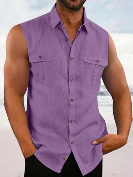 Camisas casuais masculinas Moda minimalista de colorida sólida Camisa sem mangas de colarinho