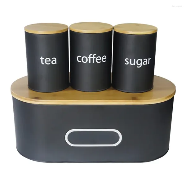 Aufbewahrung Flaschen Große Brotbox mit Bambusbrettabdeckung Metallbehälter und 3pcs runden Kaffee Zucker Tee Jar Küchen Lebensmittelbehälter Set Set
