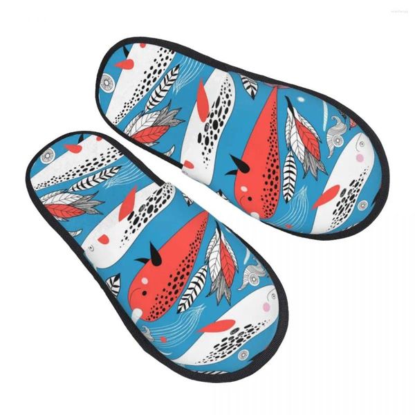 Slippers Plexh, marinho marinho marinho branco Red Whale Feather Conch Sapatos macios e macios calçados em casa