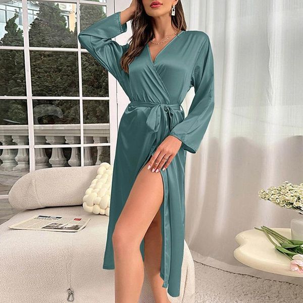 Frauen Nachtwäsche sexy Schlafkleid Frauen Kimono Satin Silk Nacht Robe Homewear Ice Langarm Casual Comfort Schnürbademantel Bademantel