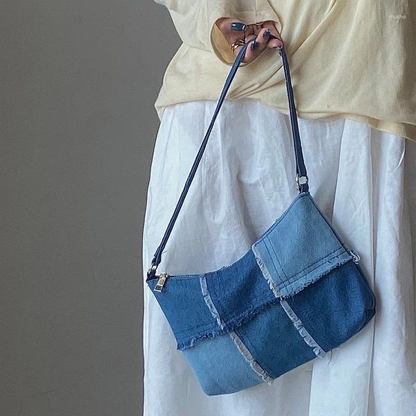 Umhängetaschen Vintage Denim Stitching Women Averarm Bag Fashion Ladies Kontrast Farbe große weibliche Achselhöhlen -Baguette -Handtaschen