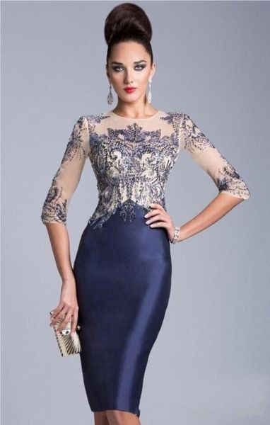 Guaina sexy elegante sirene gioiello gioiello tè lunghezza in pizzo abito da cocktail party con applique 7128812