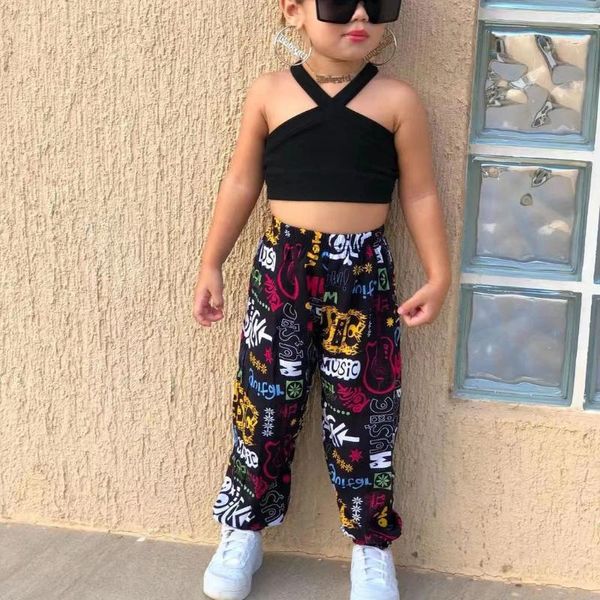 Kleidung Sets Mädchen Sommerkleidung Kinder ärmellose Neckholder Cross Crop Tops mit Graffitihosen Kinder für 2-7 Jahre lässig