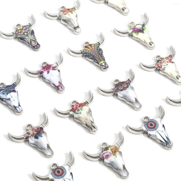 Charmos 10pcs Multicolor Bull Head Silver Color Bohemia Cow esmalte pingentes para jóias Fazendo descobertas de colar DIY 22x21mm