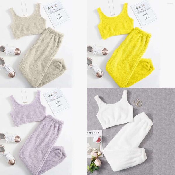 Sleepwear Women Winter Warm pamas espessado e confortável, traje casual coletes esportes em casa Conjunto de cores sólidas