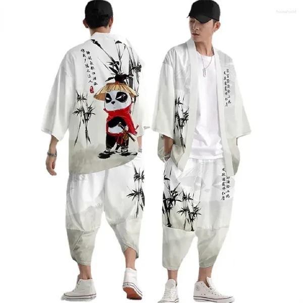 Ethnische Kleidung zweiteiliger Anzug chinesischer Panda gedruckter Strickjacken Frauen Männer Cosplay Yukata Harajuku Samurai Kimono Hosen Sets