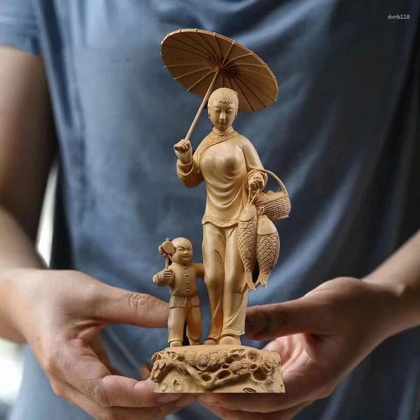 Figurine decorative in legno massiccio naturale figura vintage statue a mano intagliata per la casa bella casa madre e figlio