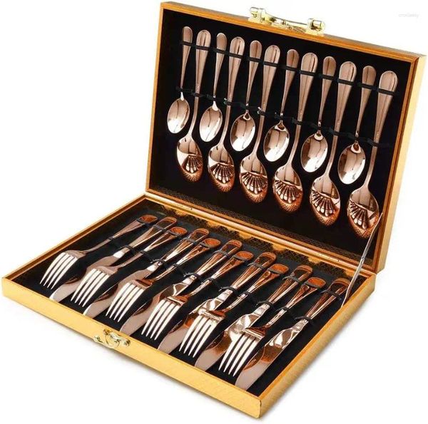 Conjuntos de utensílios de jantar espelhar talheres de ouro rosa polido para eventos Falhe de luxo de casamento com caixa de madeira 24pcs aço inoxidável