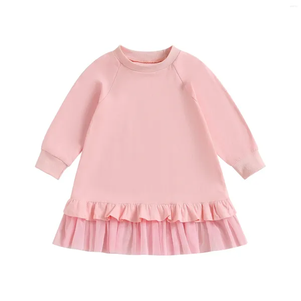 Vestidos de menina Pudcoco Tulle Totchwork Dress Dress Solid Color Manga Longa Mosco Rara Bainha de Ruffled A-Line para Spring outono 3-6t