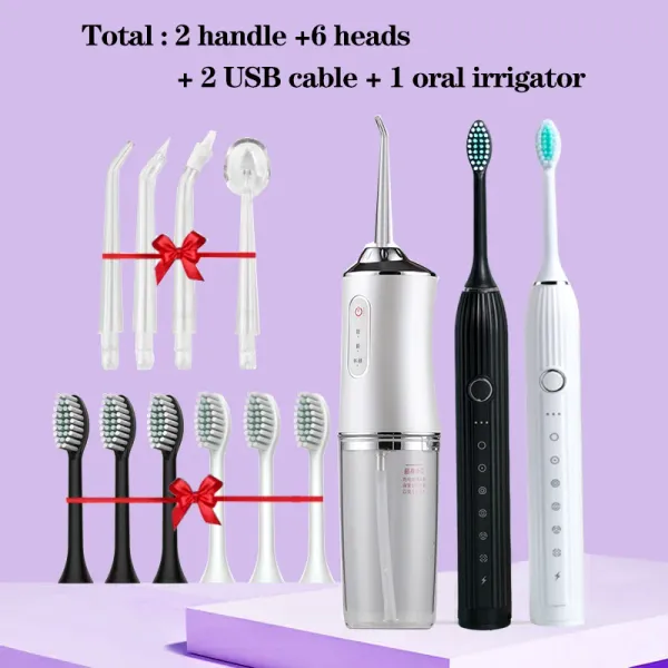 Cabeças de dentes de dentes sonoros adultos escova de dentes elétrica recarregável com fio de água irrigação dental para fio de água branca preta casa presente