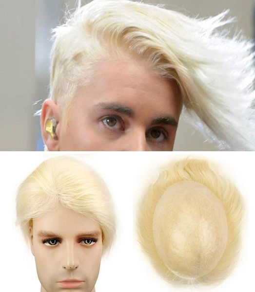 MEN039S Toupee Blonde Color 613 Прямой Remy Human Hairs Wigs целая кожа Pu