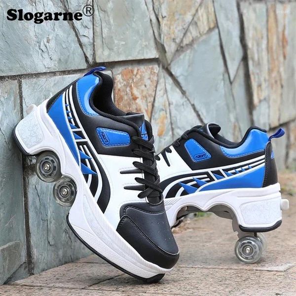 Sapatos casuais estudantes rolos patins garoto de quatro rodas deformação dupla fileiras homens embrulhados parkour tênis de parkour