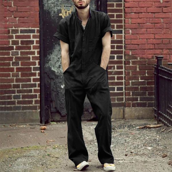 Moda de manga curta Macaros de cor sólidos calças de rua com zíper de pocket bumpsuit de roupas de trabalho calças de calça de trabalho para homens 240410