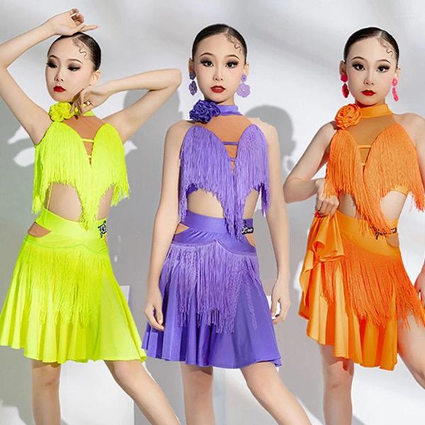 Desgaste do palco 2024 Girls Latin Dance Competition Dress Summer Fringe Kids Roupas Cha Rumba Costume BL12559