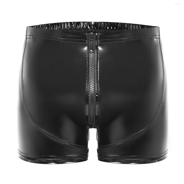 Underpants Herren Wetlook Patent Leder Latex Boxer Shorts Offener Schritt Unterwäsche Low Taille Reißverschluss Knopf Aus schicke Nachtwäsche