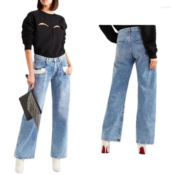 Jeans femminile europeo e americano patch di sacchetti azzurri a vita chiara contrastante pantaloni in denim dritti per donne