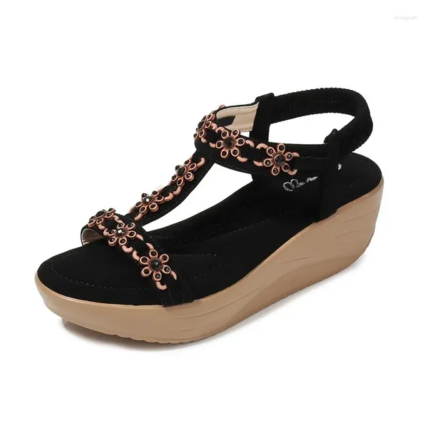 Sandali donne estive da 3 cm piattaforma da 5 cm zeppe alte tacchi Lady Flower femminile per il tempo libero con scarpe di cristallo di grandi dimensioni