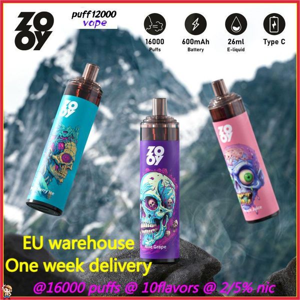 EU Lagerhause authentische Zooy Tornado 16000 Puffs Einwegvape R und M 16K Puffs wiederaufladbare E -Zigaretten Mesh Coil Vape Stift 26 ml Wagen 2% 5% Puff 16k