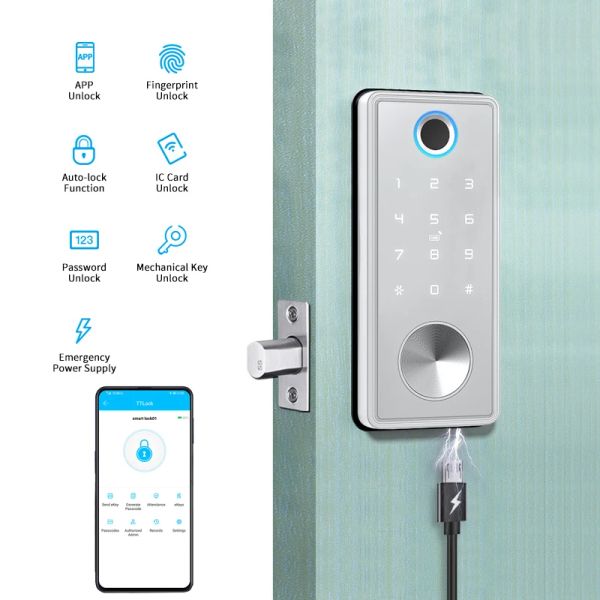 Controle Smart Wooden Door Lock Ttlock Bluetooth Lock Wi -Fi Hub opcional App App Tecla mecânica Chave Ulcok Smart Deadbolt Lock