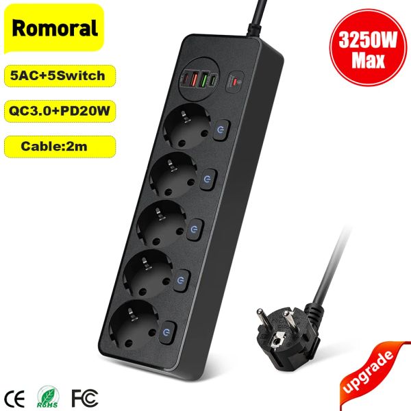 Plugs Striscia di alimentazione con cavo di estensione PD QC3.0 Caricatore veloce USB Smart Home Socket Overload Protezione