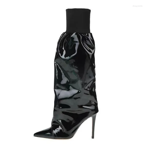 Сапоги эластичные топ женщин патент на колене высокие тонкие каблуки блестящие пайллетт растягивание верхних шпильков с длинными пинетками Размер 44