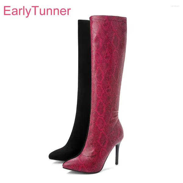 Stiefel Wintermarke sexy schwarze rote Frauen Knie hoch 4 Zoll Absätze Lady Party Schuhe ES753 plus große Größe 10 43 46 48