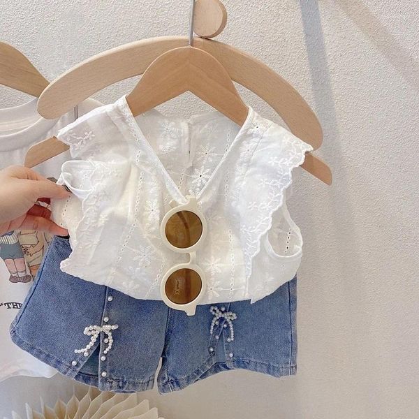 Kleidungssets Sommer Kindermädchen Kleidung Set 2-7 Jahre Kleinkind Kinder Ärmel Spitzenhemd Tops Bogen Denim Shorts Jeans 2pcs Mode Outfits