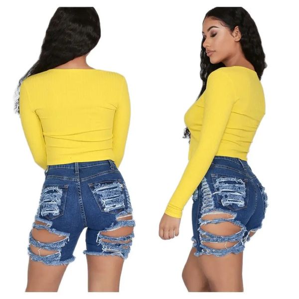 Summer baixo preço de alta qualidade mulheres cintura rasgada shorts jeans de moda sexy jeans skinny s-2xl 240418