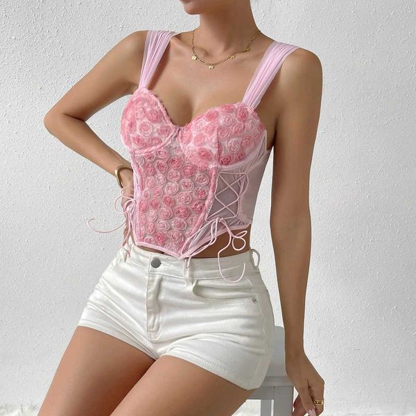 Tanques femininos Camis Vemina Strt Style Halter V Pesh Crop Crop Lace 3d Rose Flowers Corset moda mulher sem costas Sexy Slim Strapp