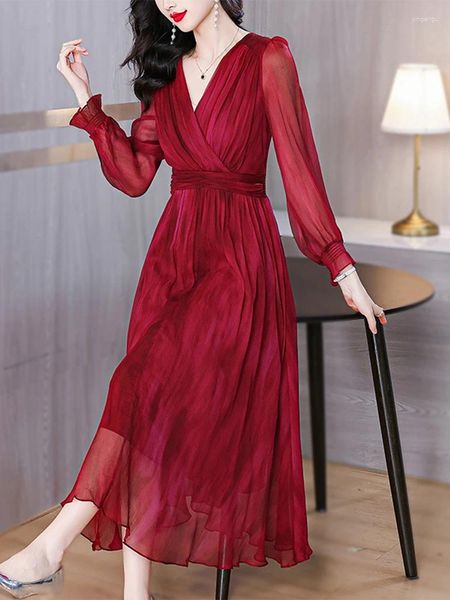 Vestidos casuais verão elegante midi vintage Red Prom Dress V Vestido V mulheres Moda Moda Bodycon Manga longa para Festa Luxo Roupas