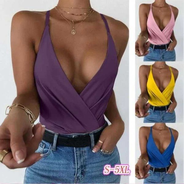 Kadın Tankları Camis Seksi Plus Boyut DP V Boyun Kesme Gömlek Kadınlar Büyük Boy Slveless Halter Dipli Gömlek Bayanlar T Shirt Üstleri Camisetas Mujer y240420