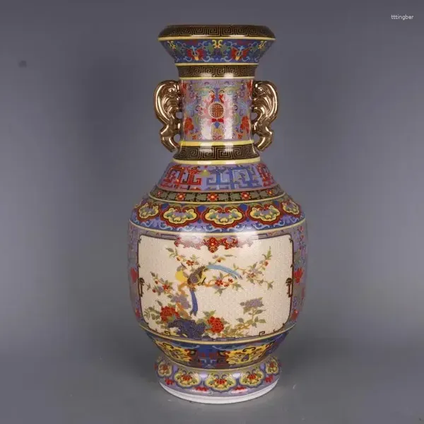 Vasos Tamanho grande 27 cm Qing Yongzheng pintou flores de esmalte dourado e pássaros porcelana vaso de porcelana incrustada com antique antiq