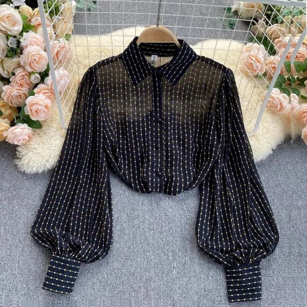 Camicia da donna a strisce vintage a strisce nere a strisce singoli camicia da donna camicia da donna con camicia da donna coreana da donna crollo femminile 240407