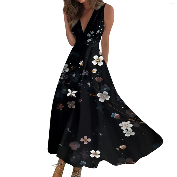 Lässige Kleider Frauen Langes Kleid Maxi Schwingen eine Linie modische Streetwear Outdoor Date Print ärmellose v Hals