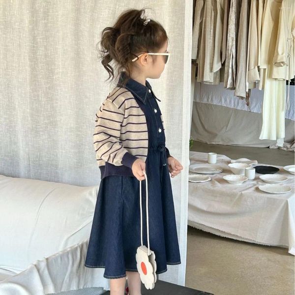 Conjuntos de roupas Ins primavera outono de 2 a 7 anos bebê menina 2pcs lapela sem mangas cor sólida jeans solta crianças garotas listras infantil cardigan