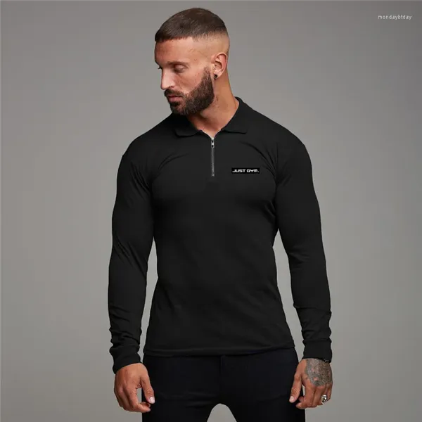 Men's Polos Gyms Running Zipper Polo Shirt Mens Camisas Casuais Camisas Casuais Esportes Bodingo Longo de Manga Longa S