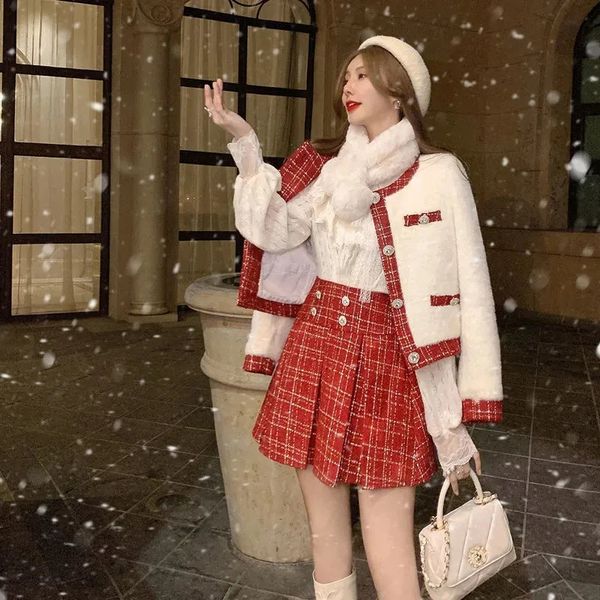Damen Weihnachtsanzug zweiteiliger dicker Winter rotes Tweed-Gitter-Chic-Jacke warme Plaid A-Line Falten-Rockanzug Frau 240419
