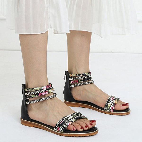 Sandali donne alla moda per vacanza casual turistica in stoffa di fiori con cerniera piatta scarpe da spiaggia a cintura sottile zapatos mujer 2024 tendenca