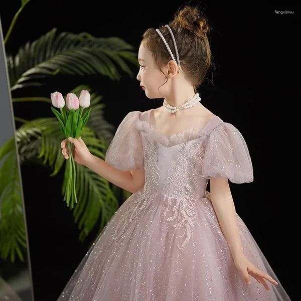 Vestidos de menina vestido de flores 2024 Spring rosa Bubble Slove Walk show anfitrião performance de piano aniversário infantil