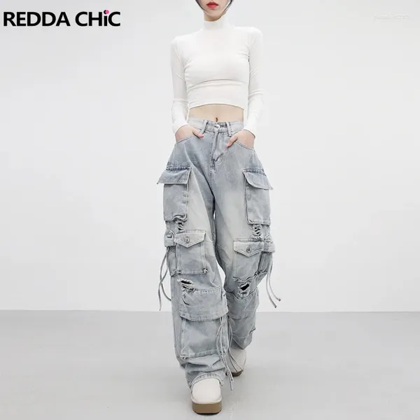 Jeans femminile fidanzato riddachic grandi tasche da carico donne in difficoltà retrò ad alto ascesa pintuck strappato a buco coreano streetwear coreano