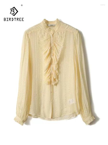 Bloups feminina Birdtree 43%Mulberry seda camisa elegante Mulher lanterna Manga de lanterna Blusa versátil francesa 2024 Spring Summer Summer