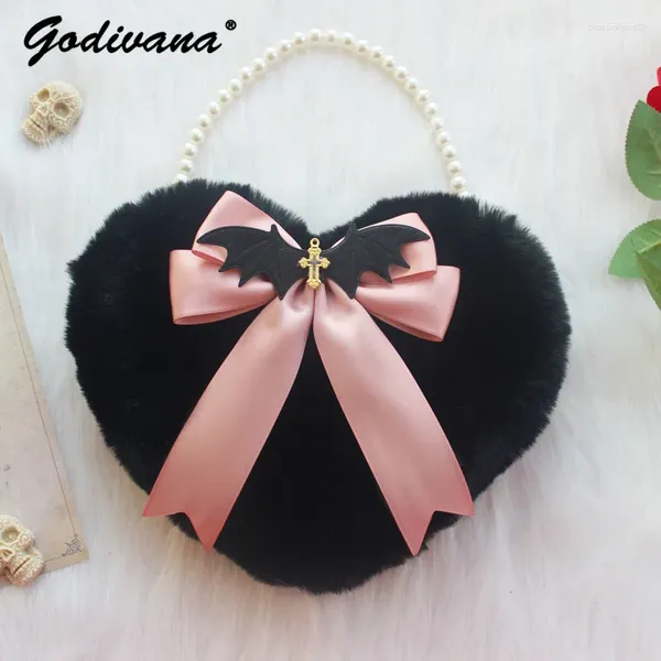 Kosmetische Taschen handgefertigt Lolita Black Pink Plüsch liebevolles Herz Handtasche Teufel Flügel Y2K Crossbody Tasche Mädchen Damen Süßes Mini Fell