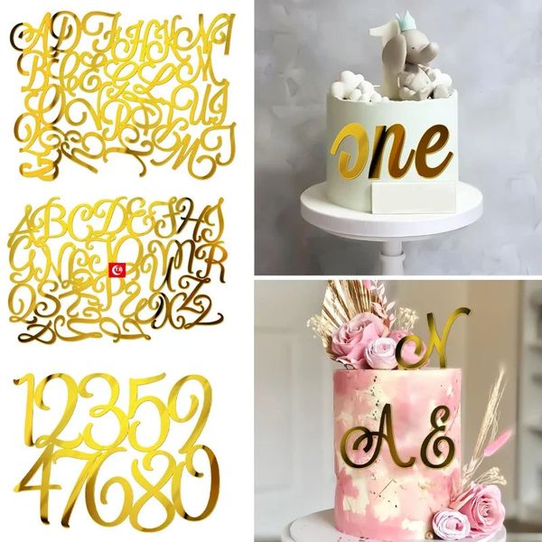 Golden Mirror acrílico az letra inglesa Decoração de bolo de alfabetismo para festa de aniversário sobremesa de casamentos DIY Toppers 240419