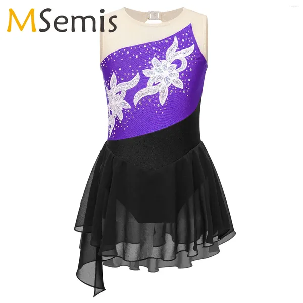 Bühne Wear Kids Girls Gymnastic Ballet Trikotkleid Teenie -Strass -Mesh Langarm Tüll Spleiß Ausschnitte Rücken Figur Eis Skaten