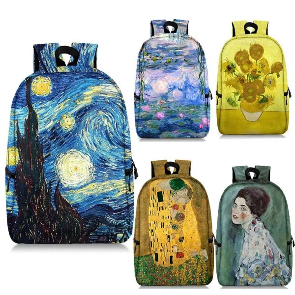 Mochilas Pintura a óleo de Claude Monet Gustav Klimt Van Gogh Backpack Night Night Gunflower Beijas Escola Mulheres Viagem Laptop Bookbag