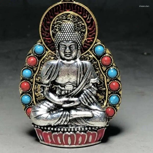 Figurine decorative squisite vecchie vecchie cinesi intarsio argento gemma Buddha fatti a mano Buddha