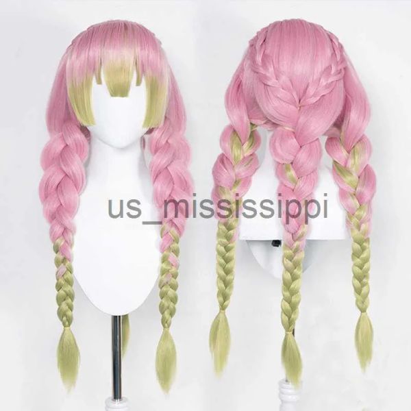 Wigs Cosplay Wigs Mitsuri Kanroji Cosplay Perücken Dämon Slayer Kimetsu no yaiba lang rosa grün hitzebeständiges Haar authentische Cosplay -Perücken