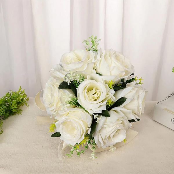 Dekorative Blumen Braut Hochzeit Bouquet Brautjungfer weiße Seidenblum Rosen Künstliche Braut Boutonniere Mariage Decor Accessoires