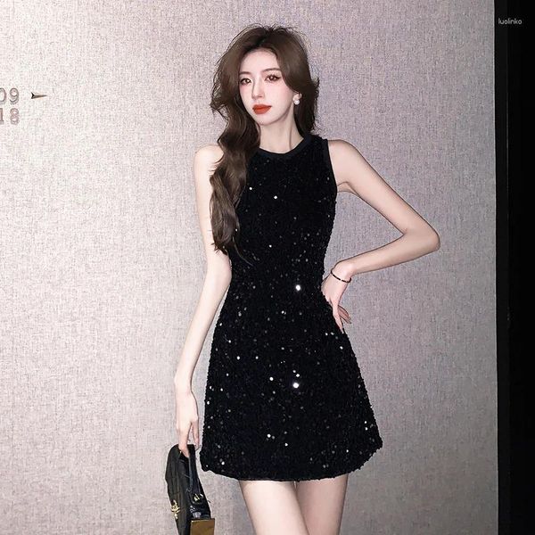 Abiti casual 2024 Summer Sest Sexy Dress Sexy Blet Black Sequesveless A-Line Mini Elegante Nightclub Slim